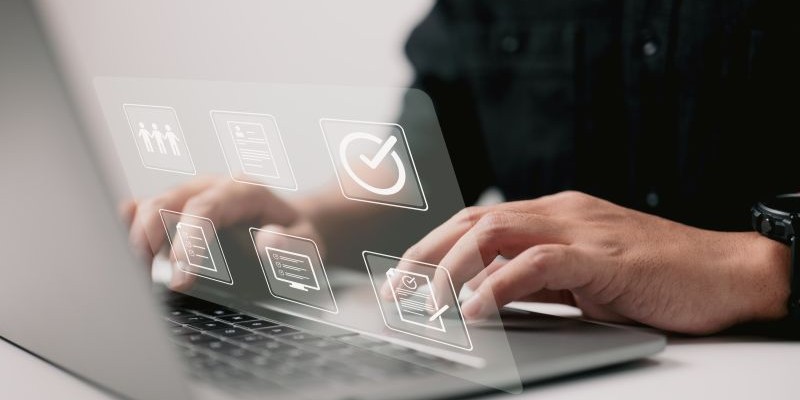 A person types on a laptop keyboard with semi-transparent digital icons of documents, check marks, and user profiles appearing above the keys, representing digital workflow or online document management.