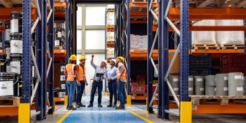 A group of workers wearing safety helmets and reflective vests stand in a warehouse aisle.